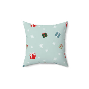 Blue-Grey Polyester Square Holiday Pillowcase - Presents & Snowflakes
