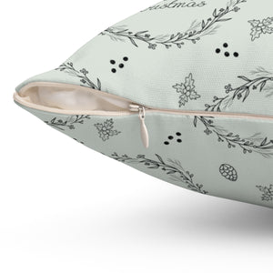 Green Polyester Square Holiday Pillowcase - Merry Christmas Wreaths