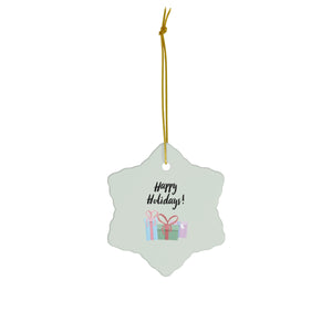 Full Bloom - Ceramic Holiday Ornament - Happy Holidays & Presents - Snowflake - Front View