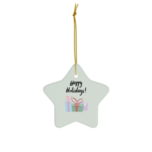 Full Bloom - Ceramic Holiday Ornament - Happy Holidays & Presents - Star - Front View