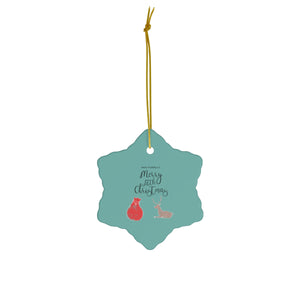Full Bloom - Teal Ceramic Holiday Ornament - Merry Little Christmas - Snowflake - Front View