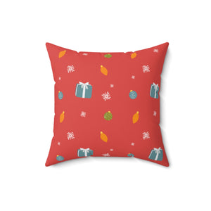 Red Polyester Square Holiday Pillowcase - Presents & Ornaments