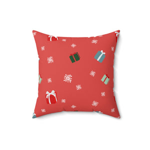 Red Polyester Square Holiday Pillowcase - Presents & Snowflakes