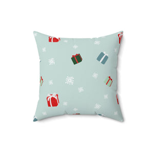 Blue-Grey Polyester Square Holiday Pillowcase - Presents & Snowflakes