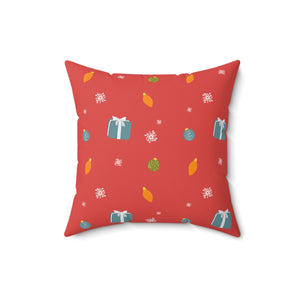 Red Polyester Square Holiday Pillowcase - Presents & Ornaments