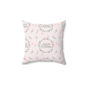 Pink Polyester Square Holiday Pillowcase - Merry Christmas Wreaths
