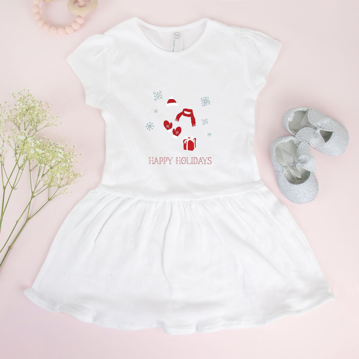 White Toddler Rib Dress - Red Happy Holidays