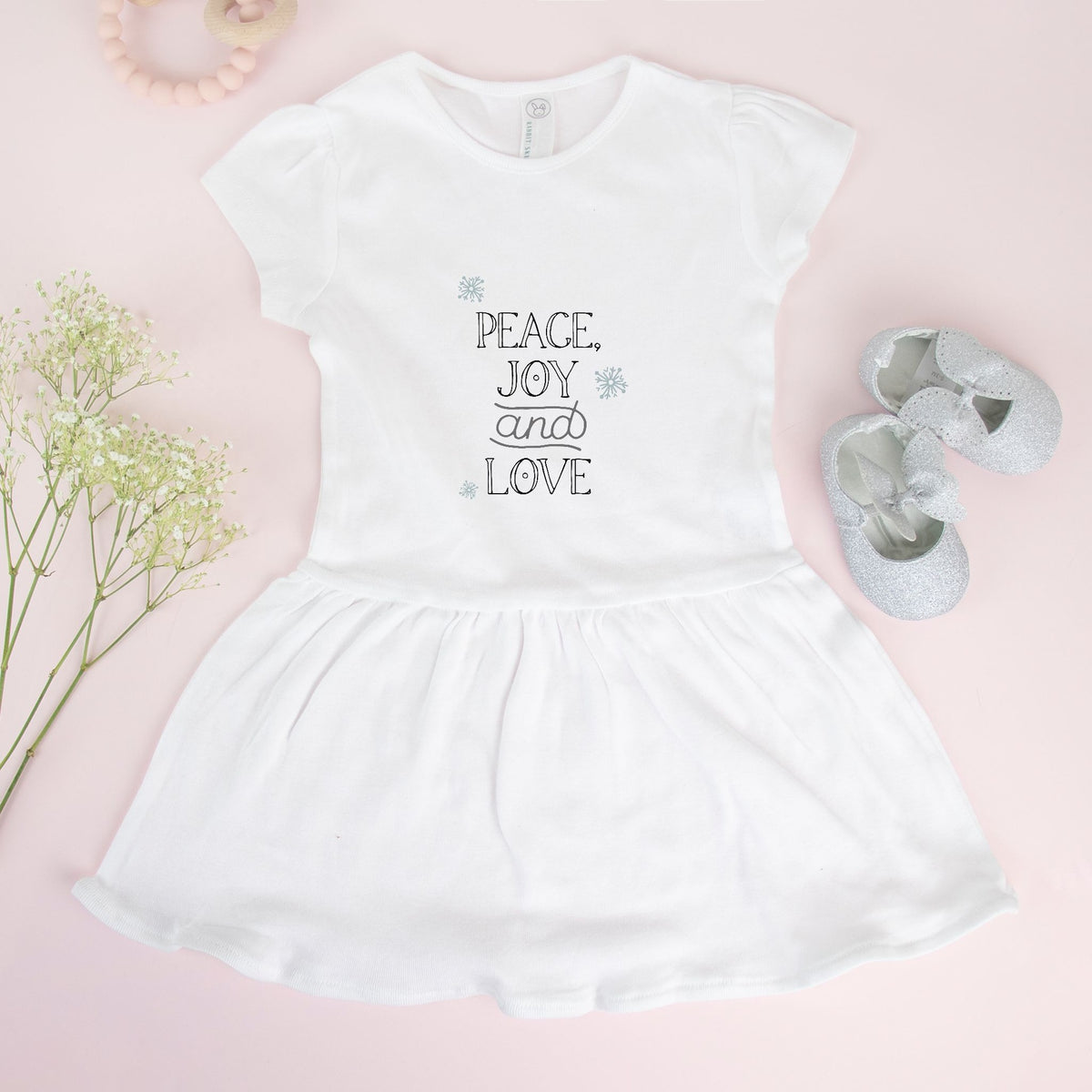 White Toddler Rib Dress - Peace, Joy &amp; Love