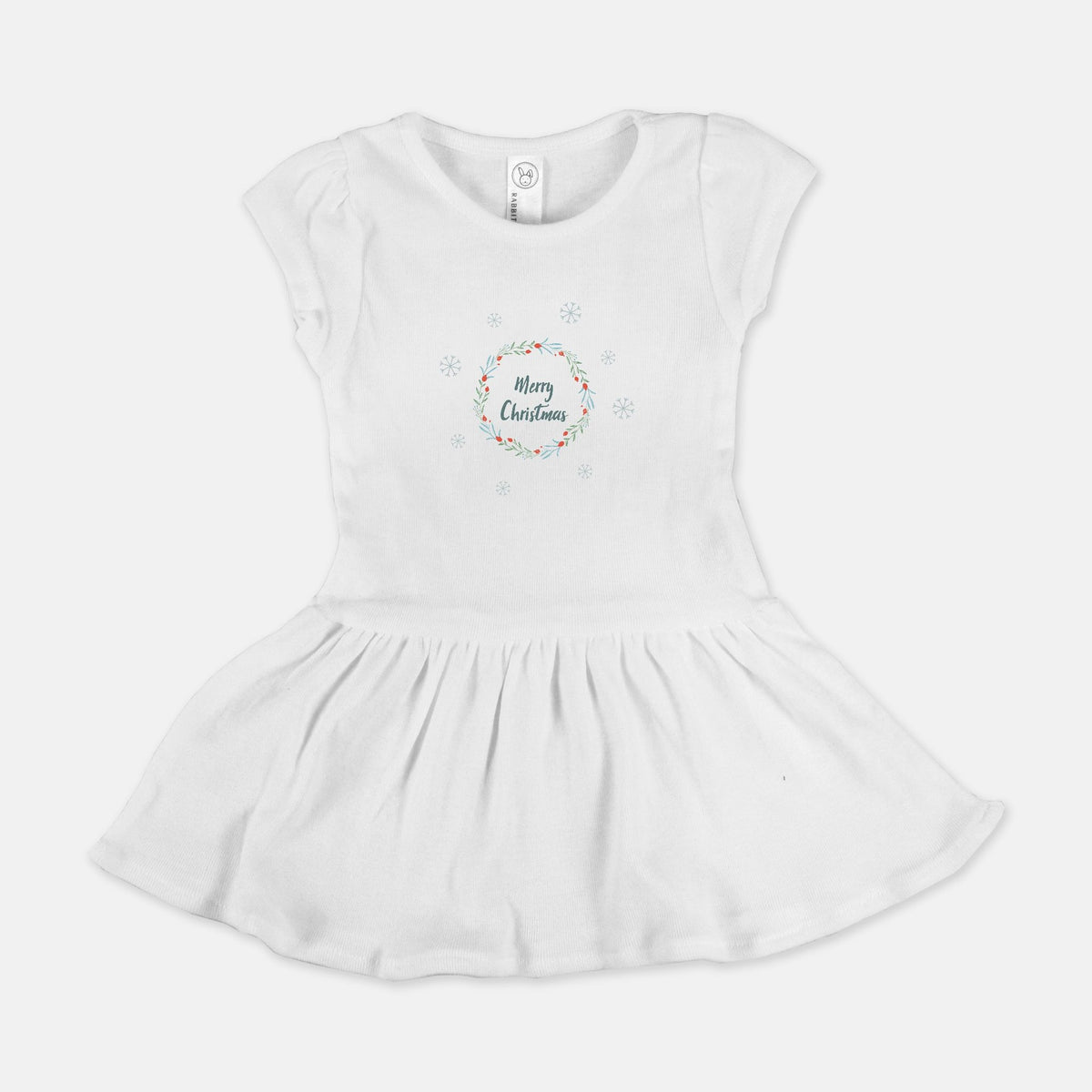 White Baby Rib Dress - Colorful Merry Christmas Wreath