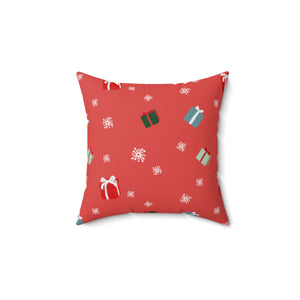 Red Polyester Square Holiday Pillowcase - Presents & Snowflakes
