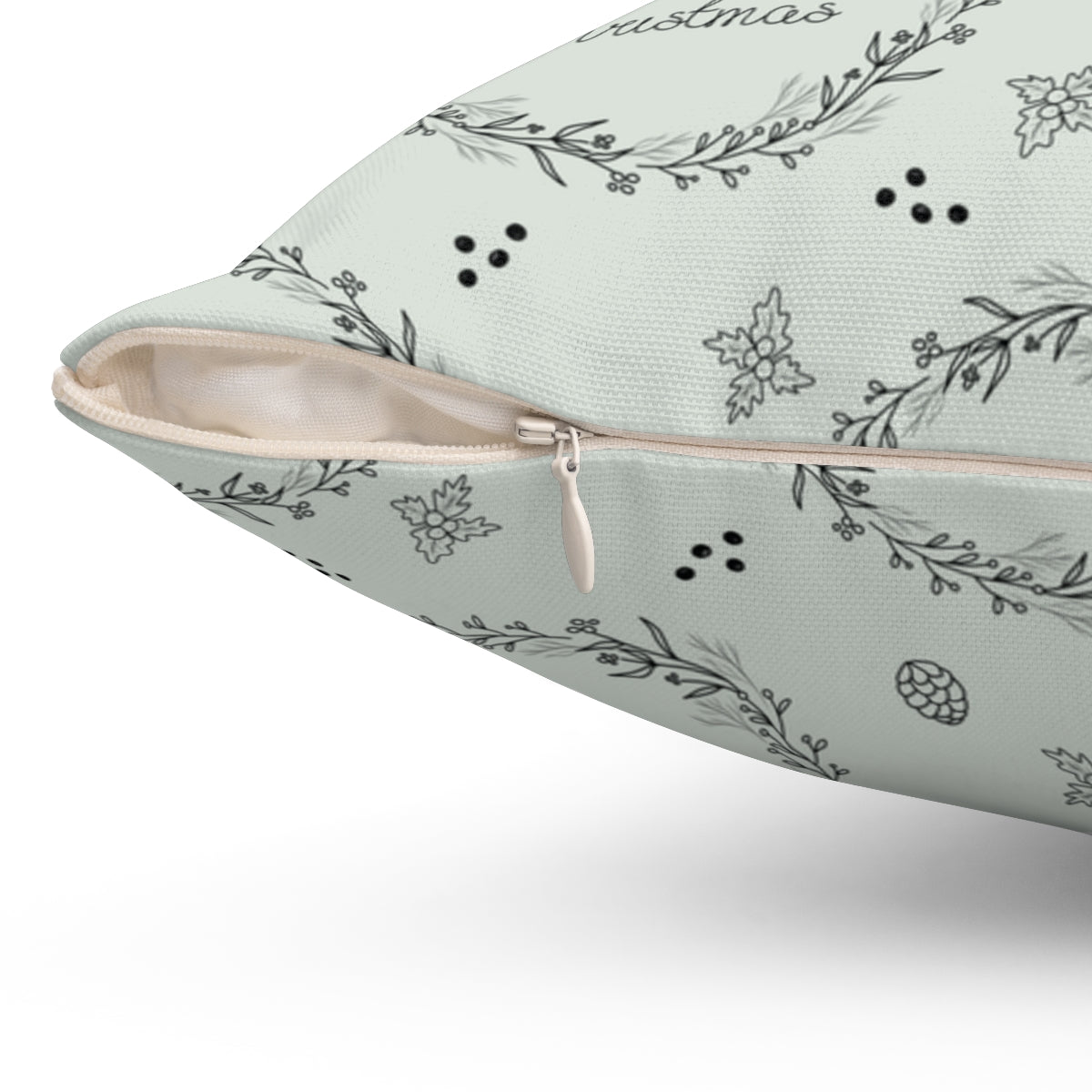 Green Polyester Square Holiday Pillowcase - Merry Christmas Wreaths