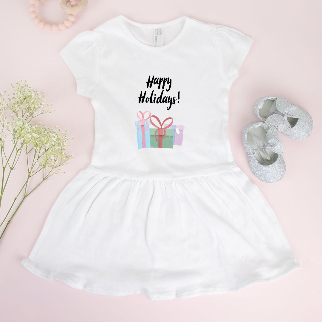 White Baby Rib Dress - Happy Holidays &amp; Presents