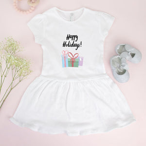 White Baby Rib Dress - Happy Holidays & Presents