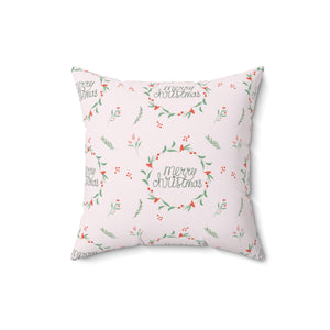 Pink Polyester Square Holiday Pillowcase - Merry Christmas Wreaths