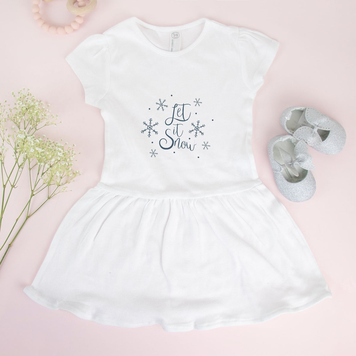 White Toddler Rib Dress - Let it Snow