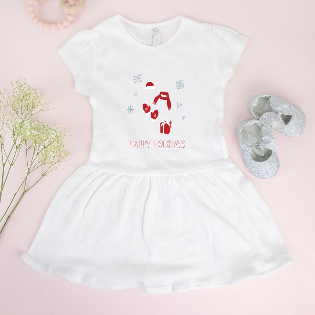 White Baby Rib Dress - Red Happy Holidays