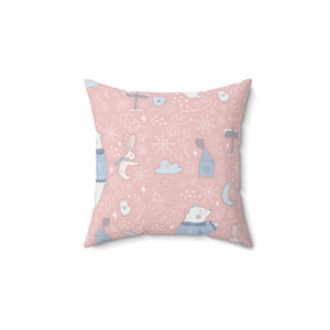 Pink Polyester Square Holiday Pillowcase - Holiday Animals