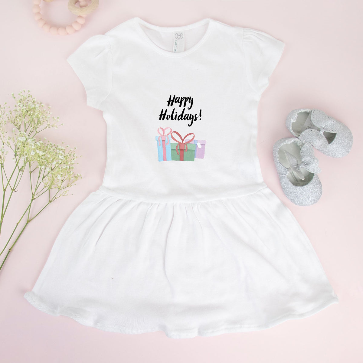 White Toddler Rib Dress - Happy Holidays Presents