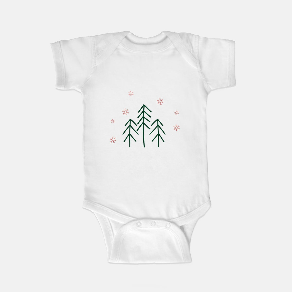 White Baby One-Piece - Evergreen Trees &amp; Red Snowflakes