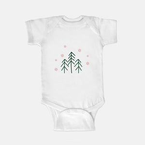 White Baby One-Piece - Evergreen Trees & Red Snowflakes
