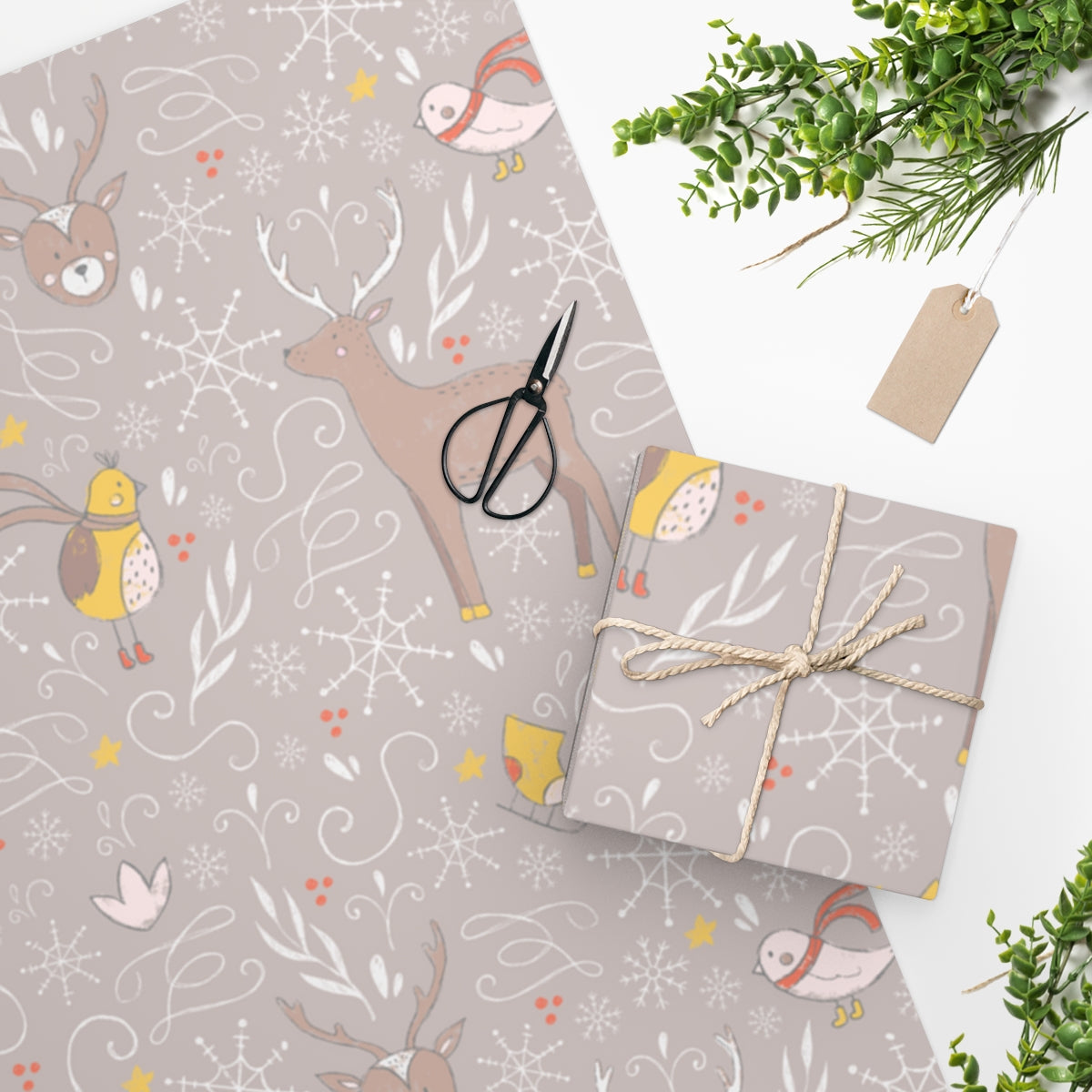 Full Bloom - Beige Holiday Wrapping Paper - Holiday Animals - In Use