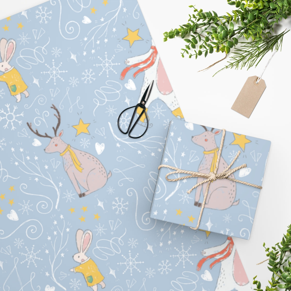 Full Bloom - Blue Holiday Wrapping Paper - Holiday Animals - In Use