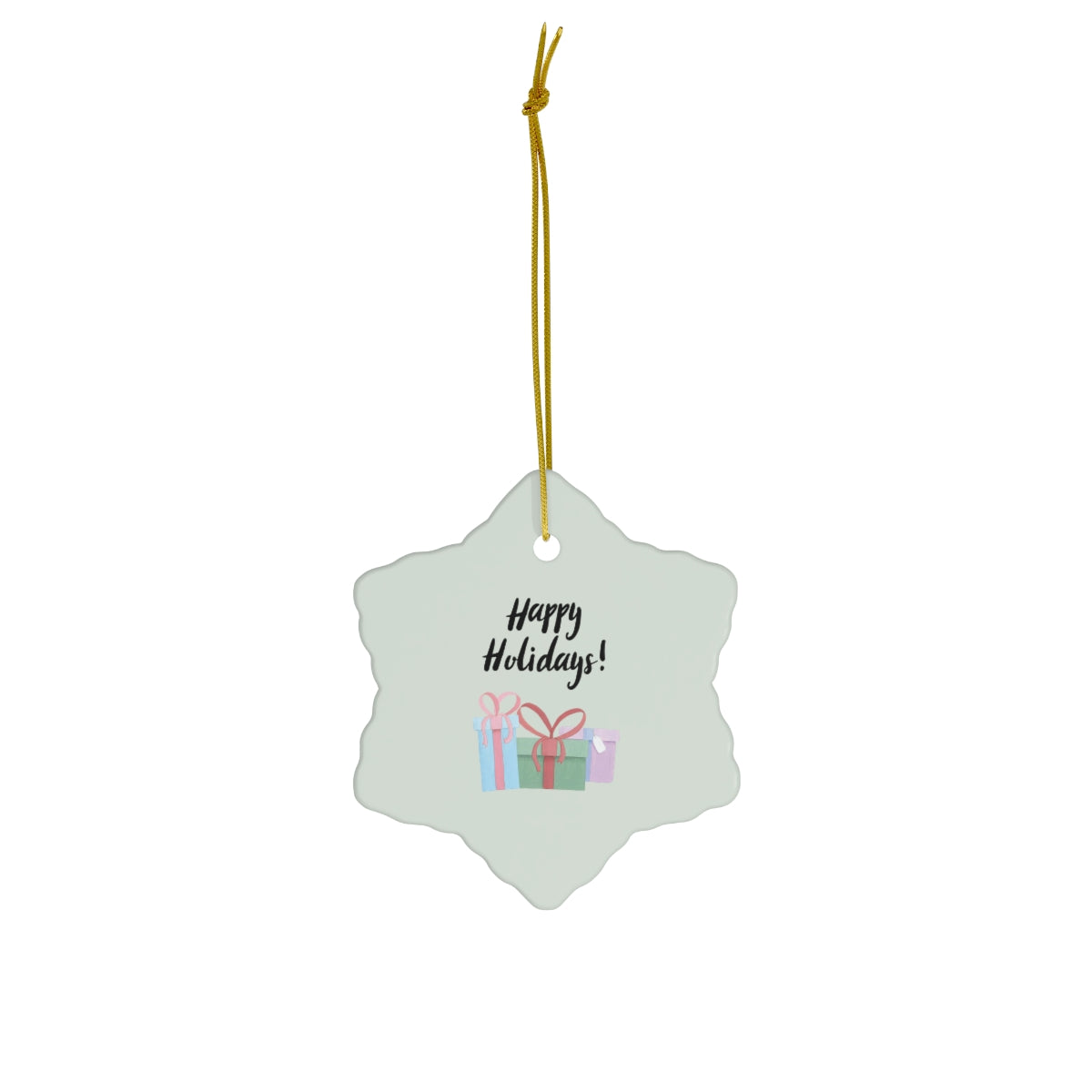 Full Bloom - Ceramic Holiday Ornament - Happy Holidays & Presents - Snowflake - Front View