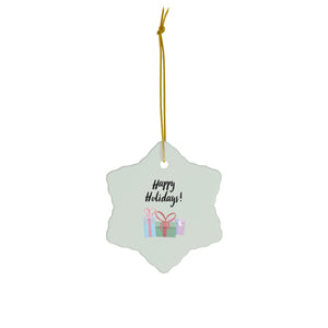 Full Bloom - Ceramic Holiday Ornament - Happy Holidays & Presents - Snowflake - Front View