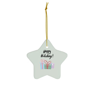 Full Bloom - Ceramic Holiday Ornament - Happy Holidays & Presents - Star - Front View