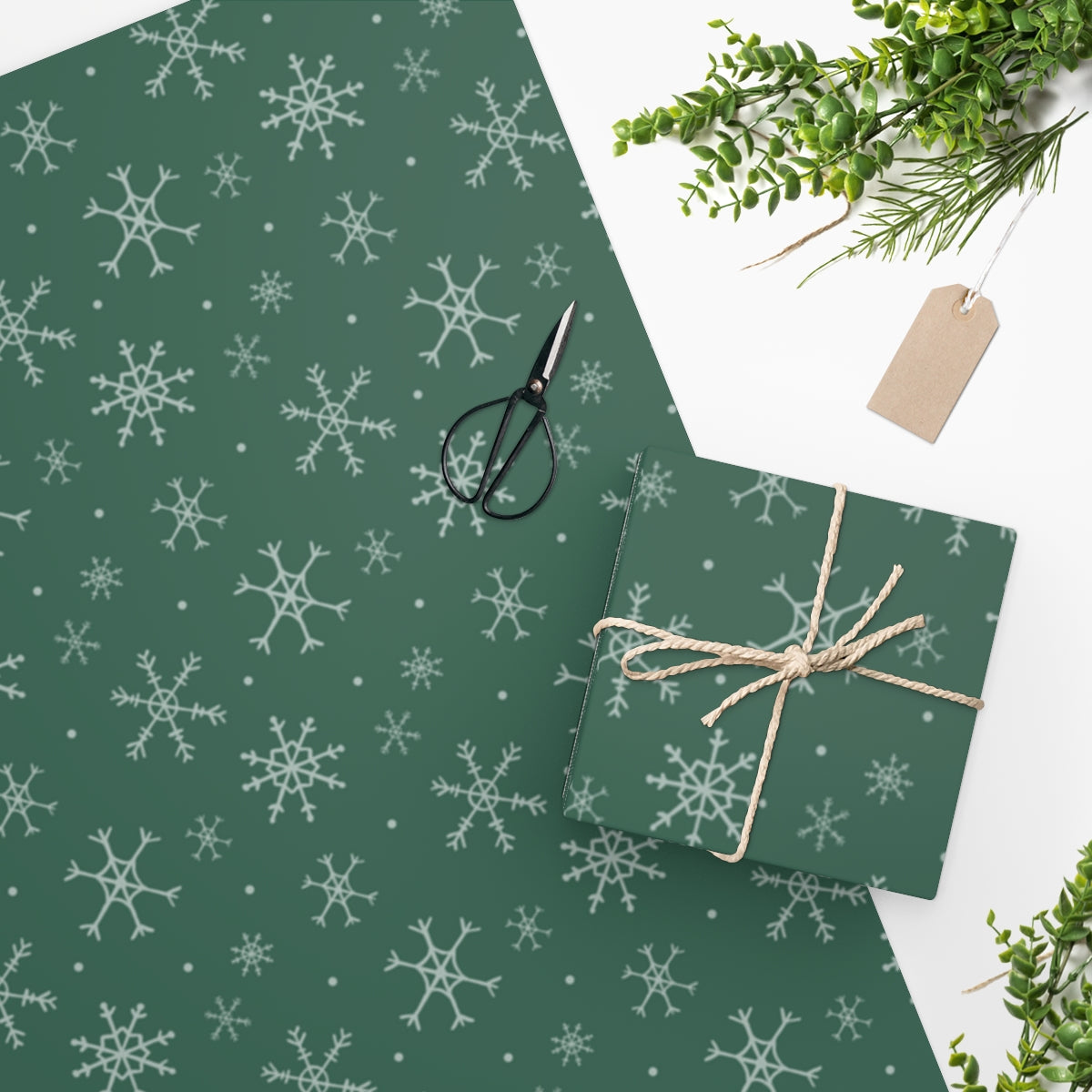 Full Bloom - Green Holiday Wrapping Paper - Snowflakes - In Use