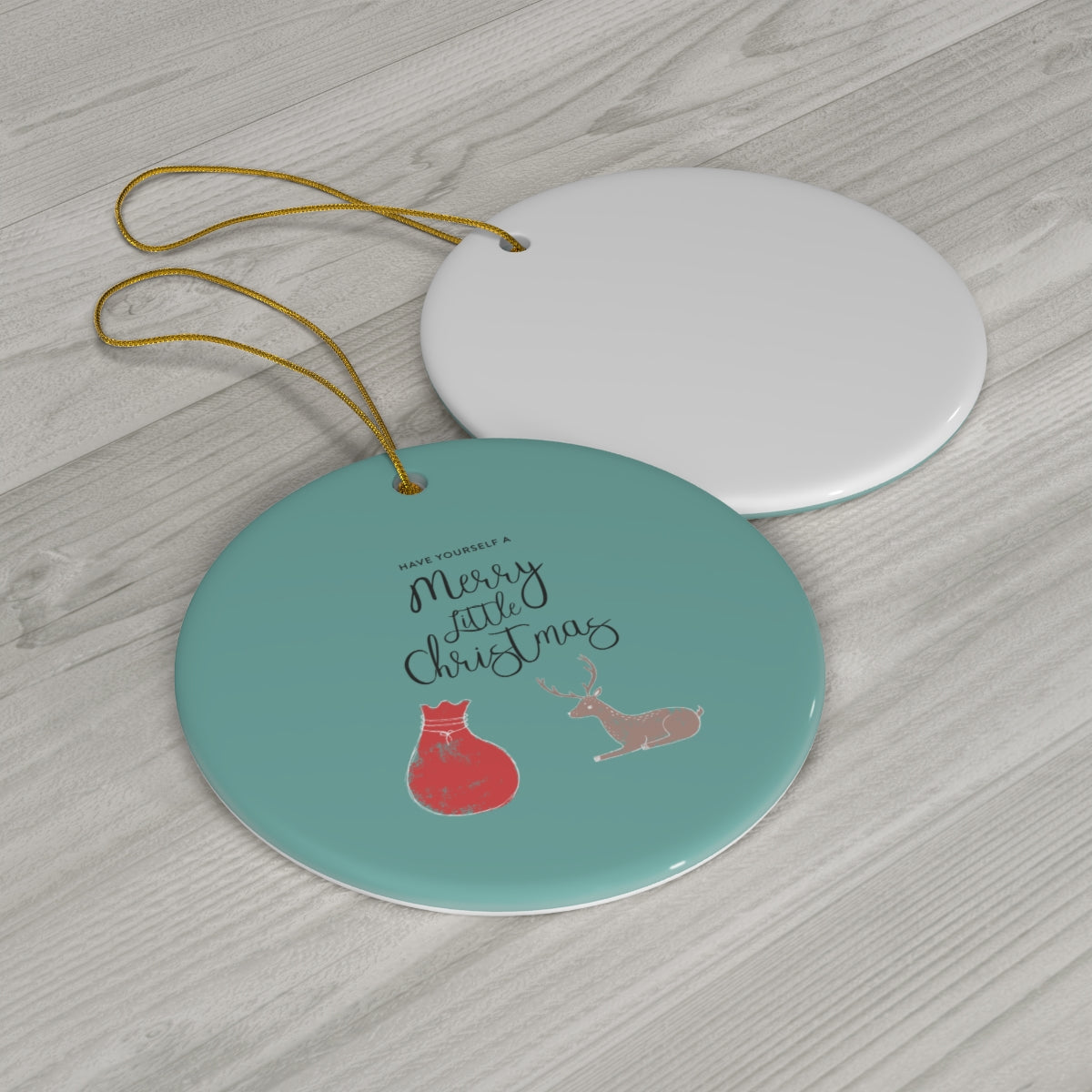 Full Bloom - Teal Ceramic Holiday Ornament - Merry Little Christmas - Circle - Back View