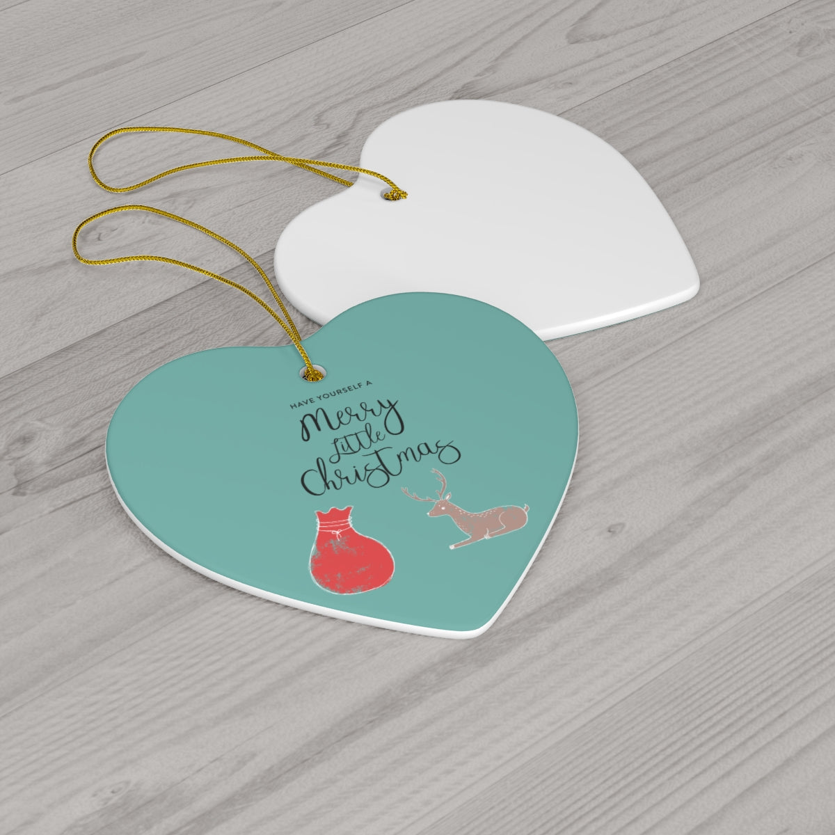 Full Bloom - Teal Ceramic Holiday Ornament - Merry Little Christmas - Heart - Back View