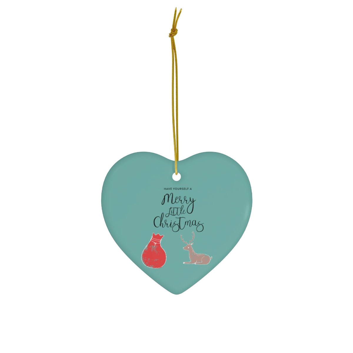 Full Bloom - Teal Ceramic Holiday Ornament - Merry Little Christmas - Heart - Front View
