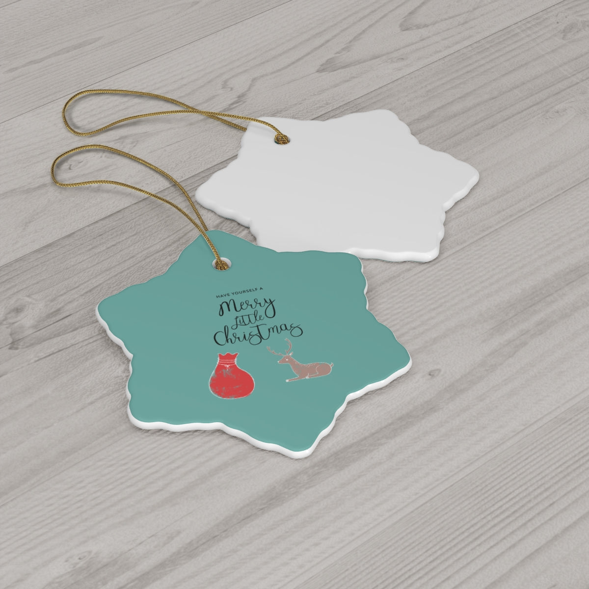 Full Bloom - Teal Ceramic Holiday Ornament - Merry Little Christmas - Snowflake - Back View