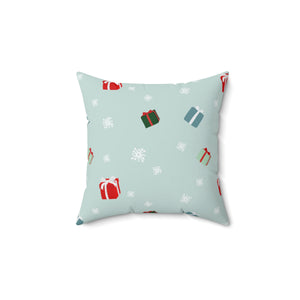 Blue-Grey Polyester Square Holiday Pillowcase - Presents & Snowflakes