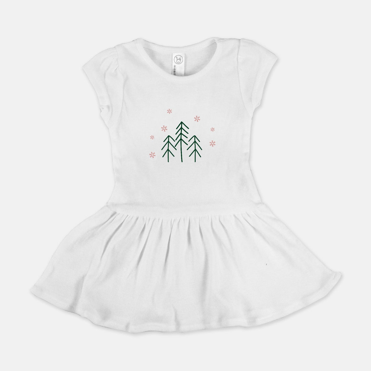White Baby Rib Dress - Evergreens &amp; Red Snowflakes