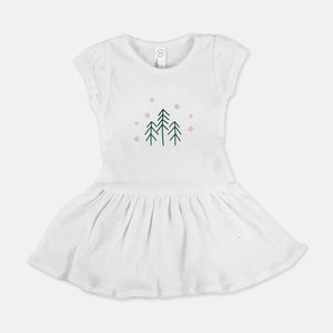White Baby Rib Dress - Evergreens & Red Snowflakes