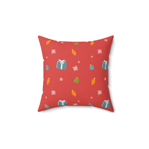 Red Polyester Square Holiday Pillowcase - Presents & Ornaments