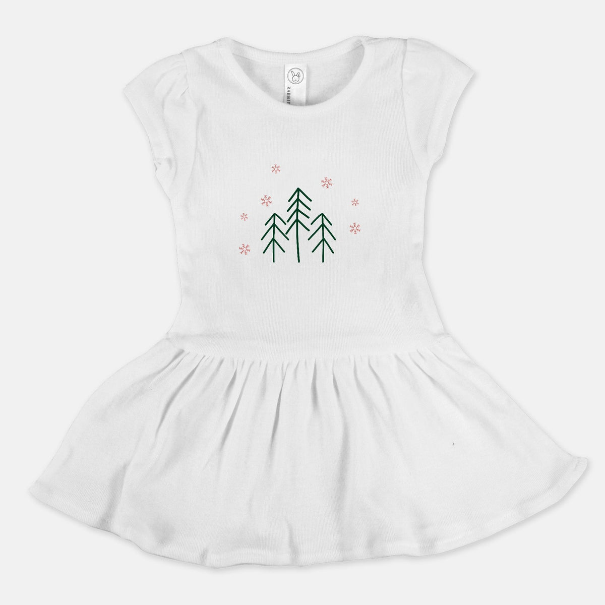 White Toddler Rib Dress - Evergreen Trees &amp; Red Snowflakes