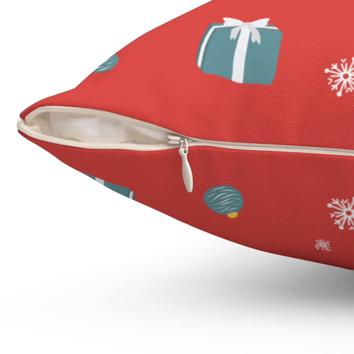 Red Polyester Square Holiday Pillowcase - Presents & Ornaments