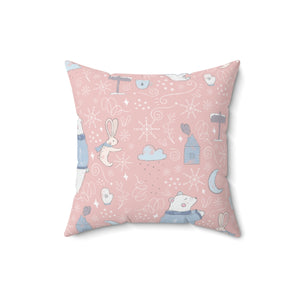 Pink Polyester Square Holiday Pillowcase - Holiday Animals
