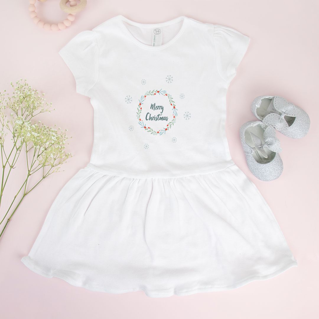 White Baby Rib Dress - Colorful Merry Christmas Wreath