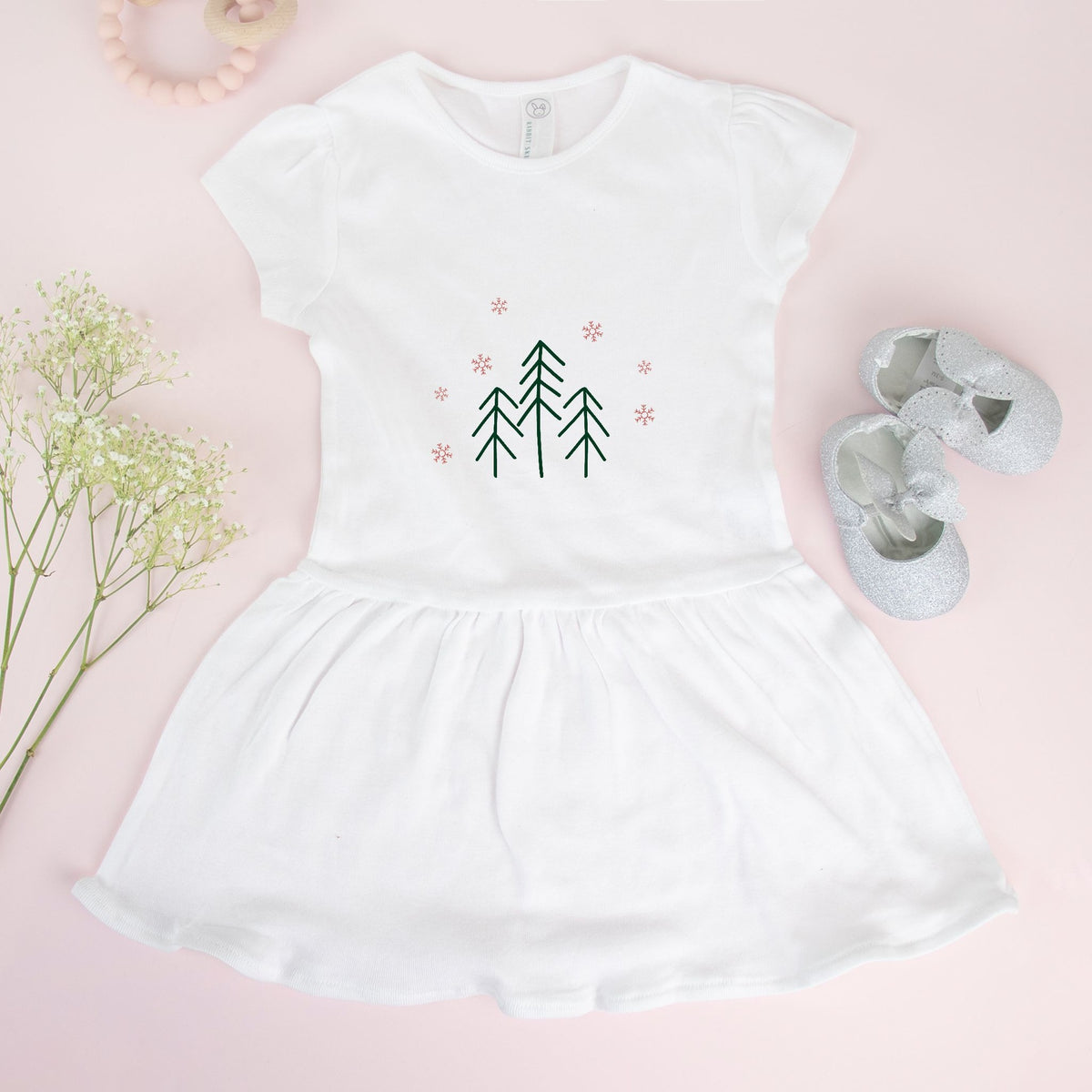 White Toddler Rib Dress - Evergreen Trees &amp; Red Snowflakes