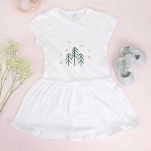 White Toddler Rib Dress - Evergreen Trees & Red Snowflakes