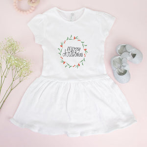 White Baby Rib Dress - Colorful Wreath