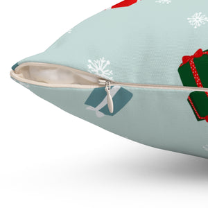 Blue-Grey Polyester Square Holiday Pillowcase - Presents & Snowflakes