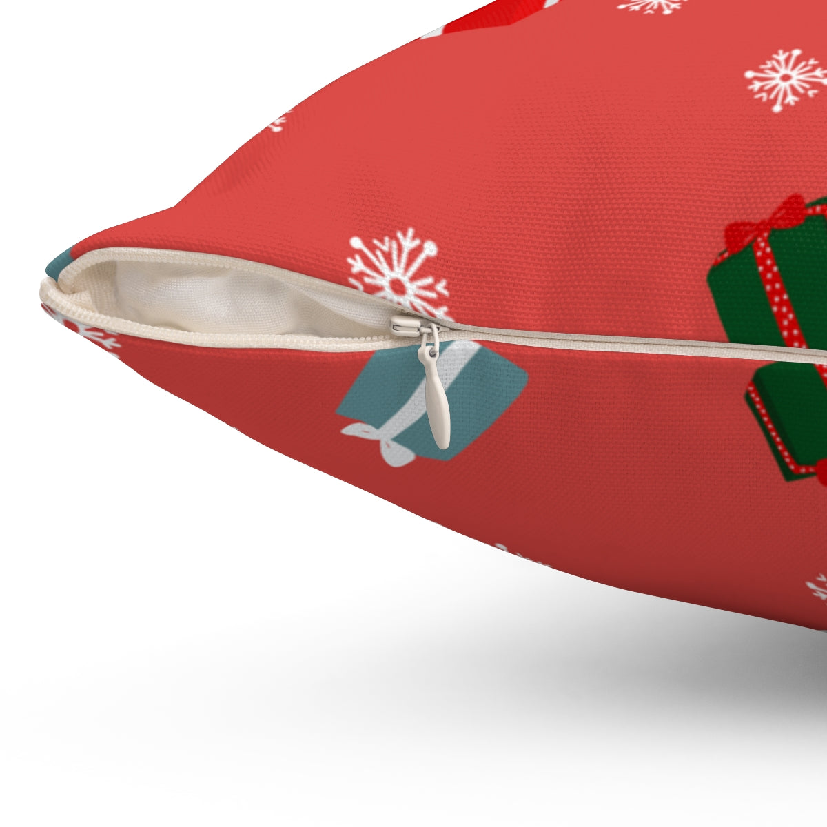Red Polyester Square Holiday Pillowcase - Presents & Snowflakes