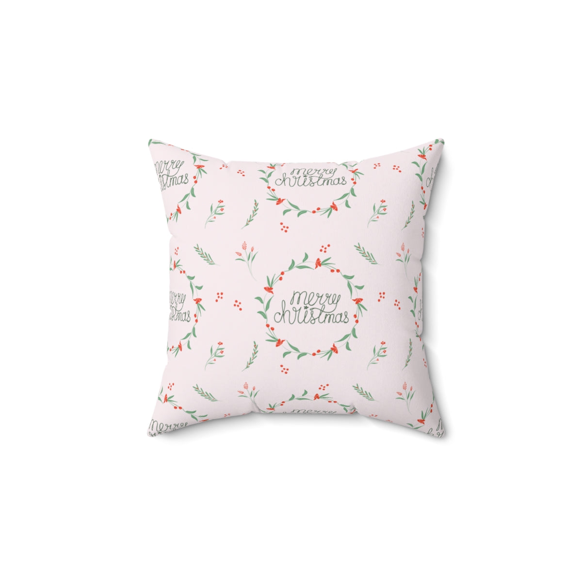 Pink Polyester Square Holiday Pillowcase - Merry Christmas Wreaths