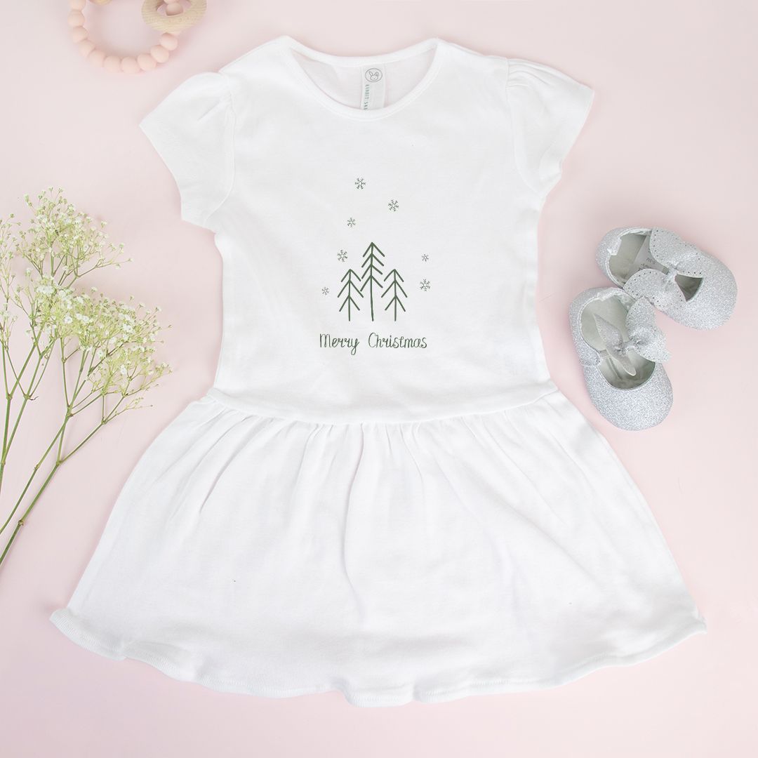 White Baby Rib Dress - Merry Christmas Trees