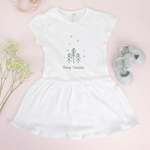 White Baby Rib Dress - Merry Christmas Trees